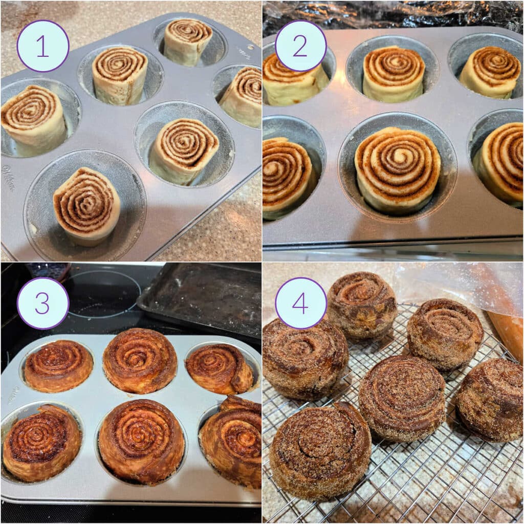 A collage of four images showing morning buns rising, what they look like when done, and then how they look tossed in spiced sugar.