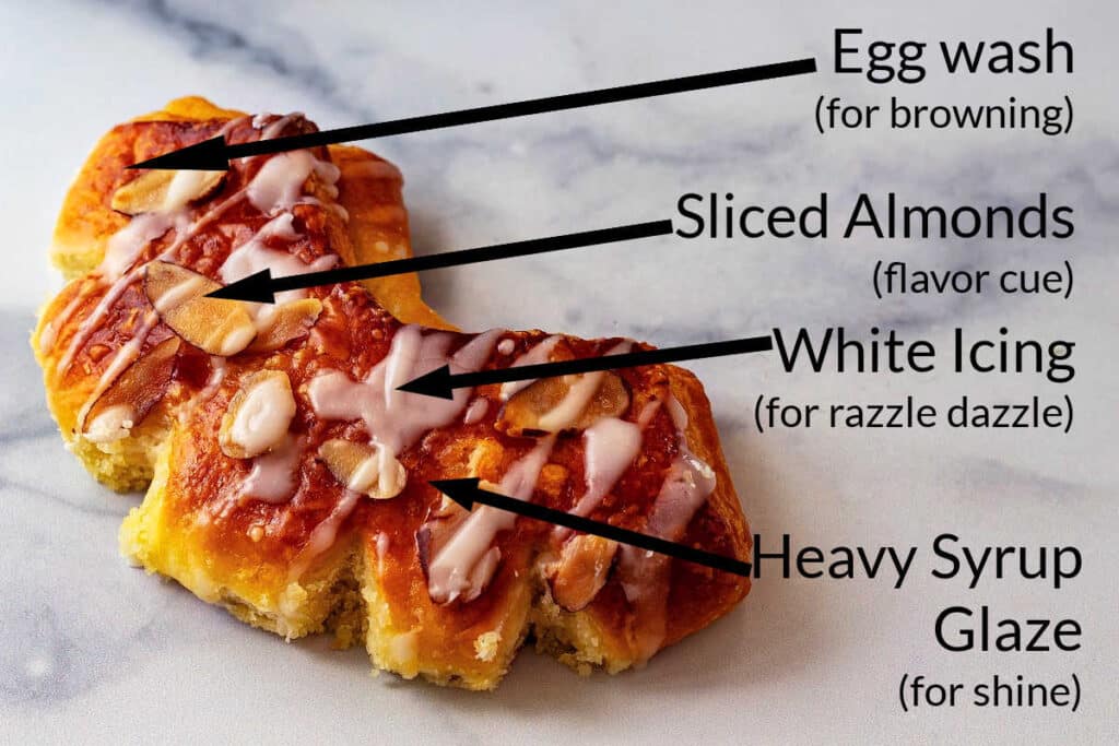 A baked bear claw on a marble surface with terms with arrows pointing out the egg wash, sliced almonds, heavy syrup glaze, and white icing.