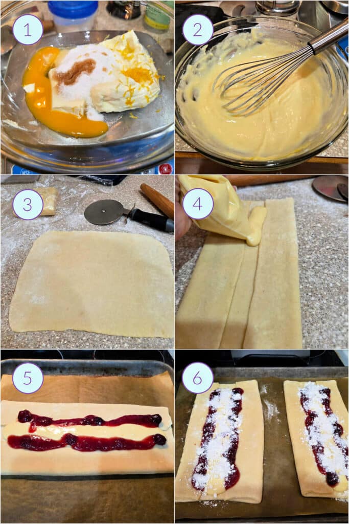 A collage of 6 images showing how to make the fillings and shape a cheese and fruit Danish.