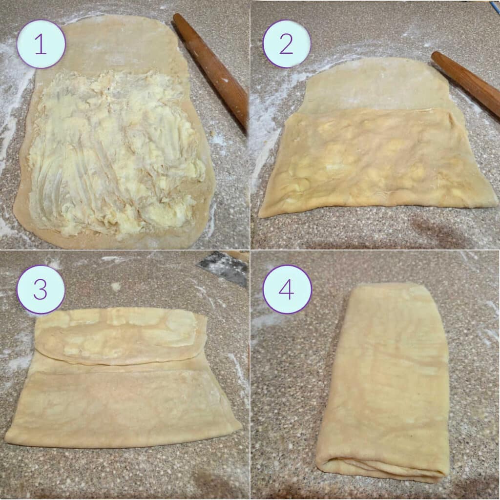 A collage of four images showing issues that using too-cold butter can cause in Danish pastry.