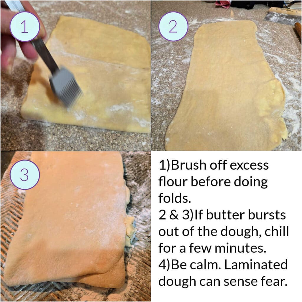 A collage of 3 images and one block of text showing what to do if the butter in your laminated dough is too soft.