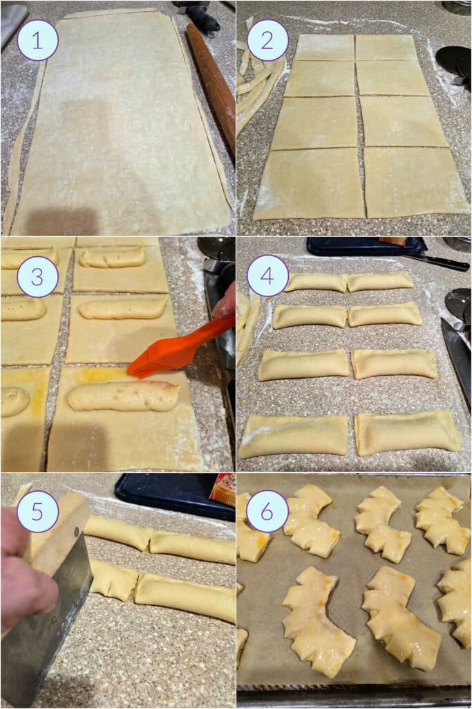 A collage of 6 images showing how to roll out, fill, and shape bear claw pastries.