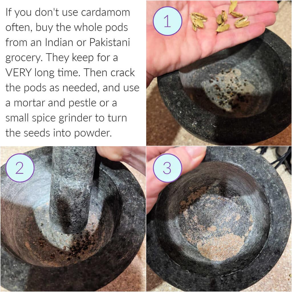 A collage of 3 images and a block of text showing how to crack cardamom pods and grind the seeds to use in recipes.