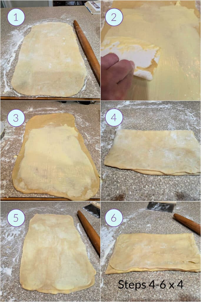 A collage of 6 images showing how to start laminating Danish pastry by adding the butter to the dough and folding it.