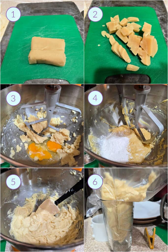 A collage of 6 images showing how to make almond filling for bear claws.
