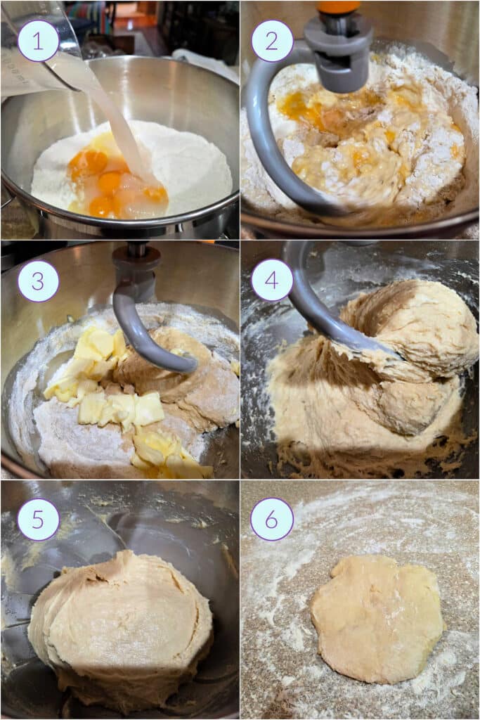A collage of 6 images showing how to make and knead the dough portion of Danish pastry before adding butter for lamination.