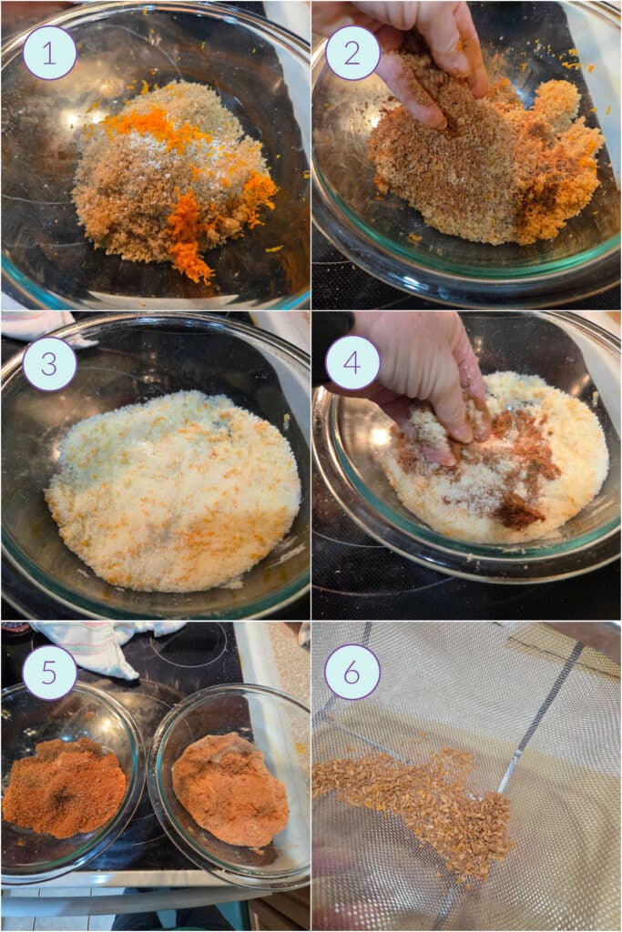 A collage of 6 images showing how to make the orange cinnamon filling and toss for morning buns.
