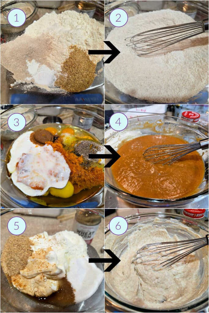 A collage of 6 images showing how to prepare muffin batter.
