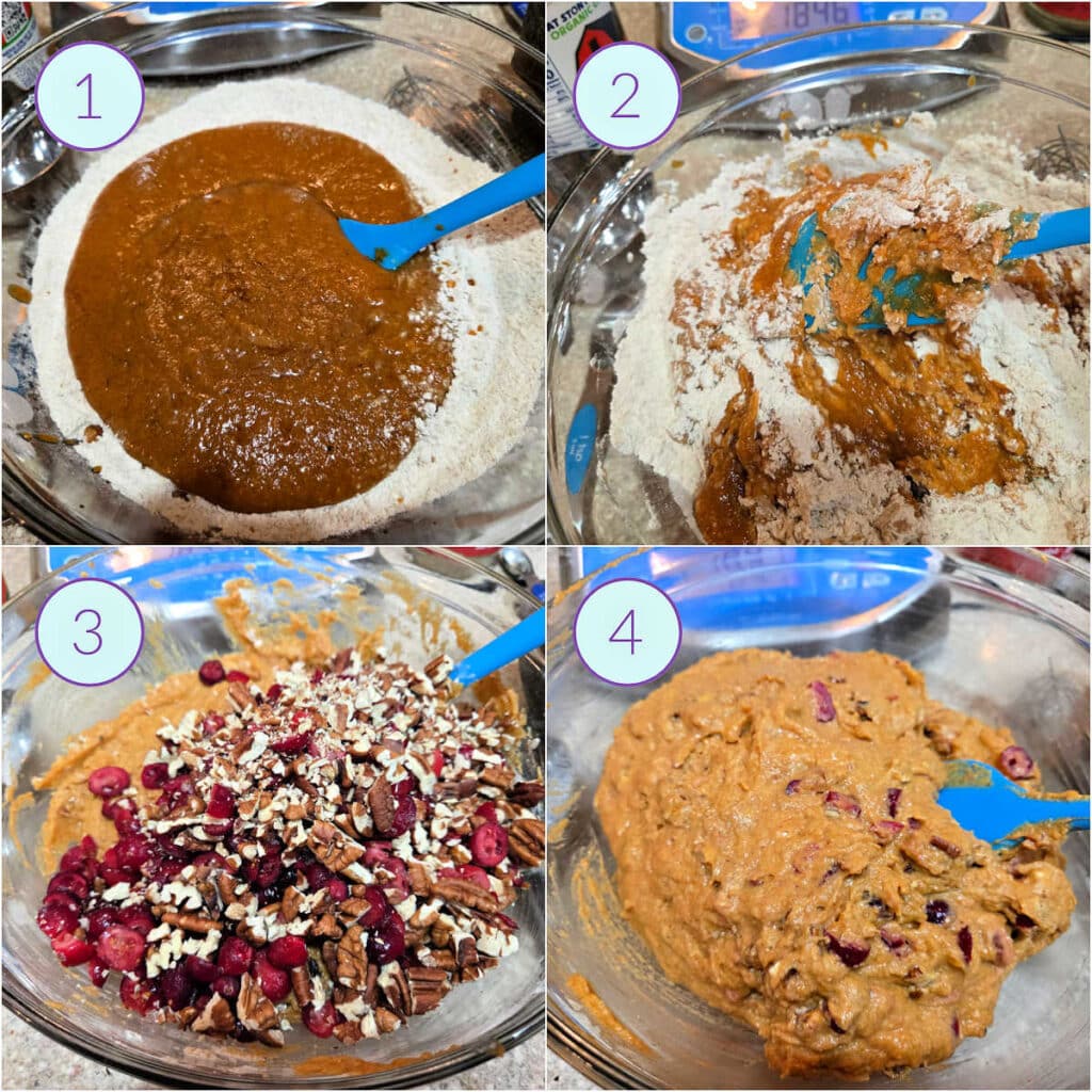 A collage of 4 images showing how to combine wet ingredients, dry ingredients, and mix-ins into muffin batter.