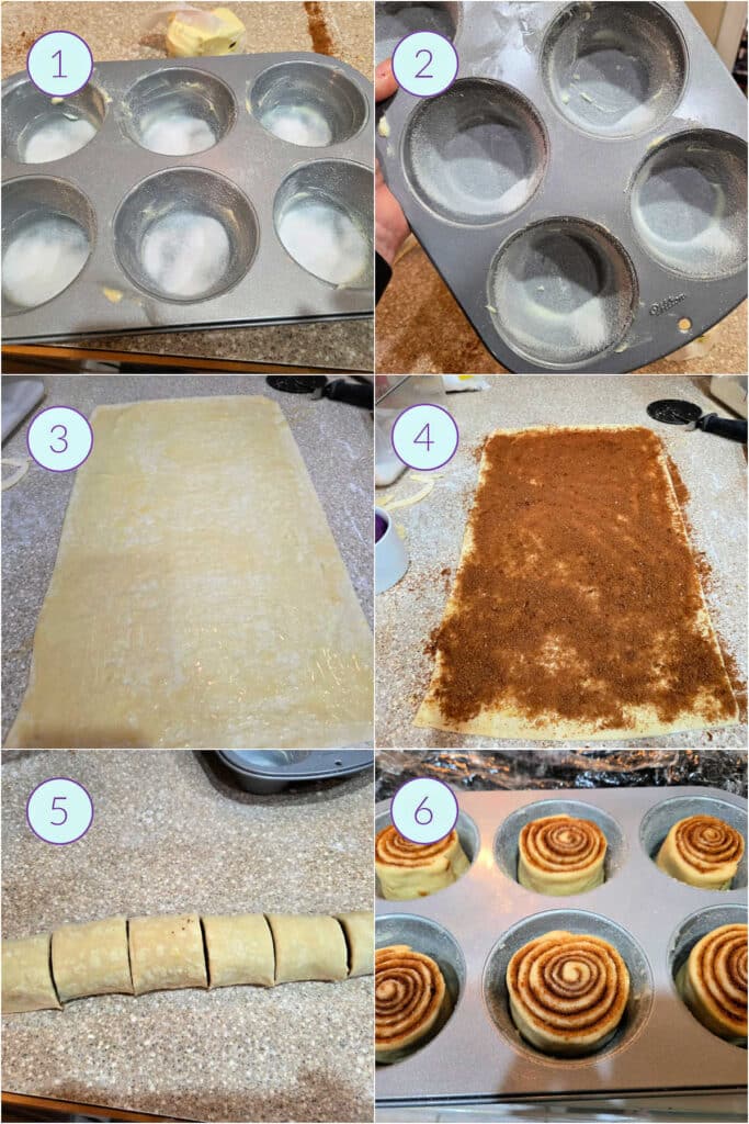 A collage of 6 images showing how to prepare jumbo muffin cavities for making morning buns and how to roll and cut the buns.
